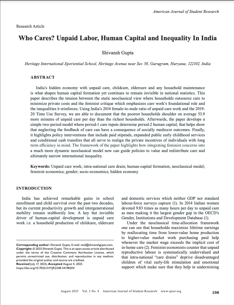 Who Cares? Unpaid Labor, Human Capital and Inequality in India